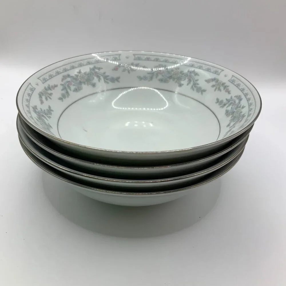 Somerset Blue, Pink & Green Flowers w/Blue Ribbon Silver Trimmed Bowl